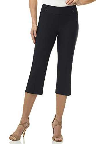 Rekucci Women’s Comfort Stretch Pull-On Capri Pants with Button Detail – Everyday Casual Wear (16 Short, Black)