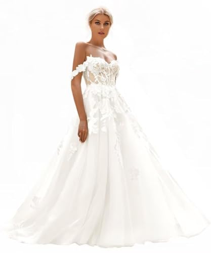 A Line Long Wedding Dresses for Bride Ivory Off Shoulder Beach Wedding Dress for Women Boho Bridal Gowns with Strain Style06 Size 14