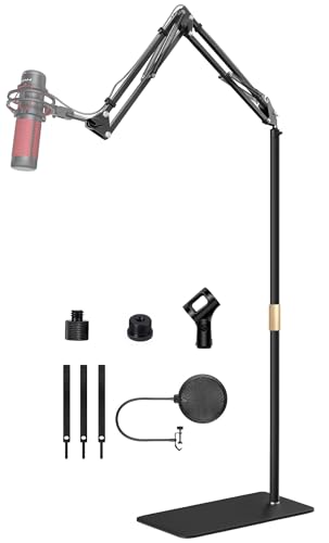 Microphone Floor Stand for Blue Yeti, Nano, Snowball, HyperX,Razer,Logitech USB and Condenser Mic,Adjustable Boom Arm Stand with 1/4'' Thread and 3/8" 5/8" Adapter, Pop Filter, Mic Clip, Cable Ties