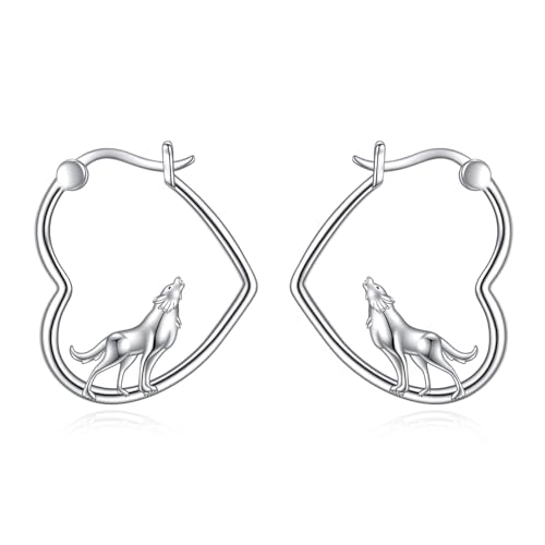 YFN Wolf Earrings Sterling Silver Animal Heart Hoop Earrings Dangle Drop Dangling Cute Wolf Jewelry Gifts for Women