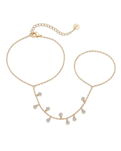 PAVOI 14K Yellow Gold Plated Cubic Zirconia Hand Chain Bracelet for Women | Dainty Multi-Stone Bracelet and Ring Chain Body Jewelry