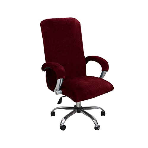 Velvet Plush Stretch Computer Office Chair Cover with Armrest,Solid Color Spandex Slipcover Protective,Removable Stretchable Universal Desk Chair Covers Rotating Chair (NOT Chair),Wine red,XL