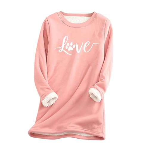 kuweot Women Thick Fleece Printed Sweatshirt Winter Warm Underwear Round-Neck Blouses Long Sleeve Tops Pink