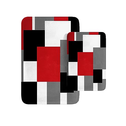 Britimes White Modern Abstract Art Bathroom Rug Mat Set of 2, Red and Black Washable Cover Floor Rug Carpets Floor Bath Mat Bathroom Decorations 16x24 and 20x32 Inches