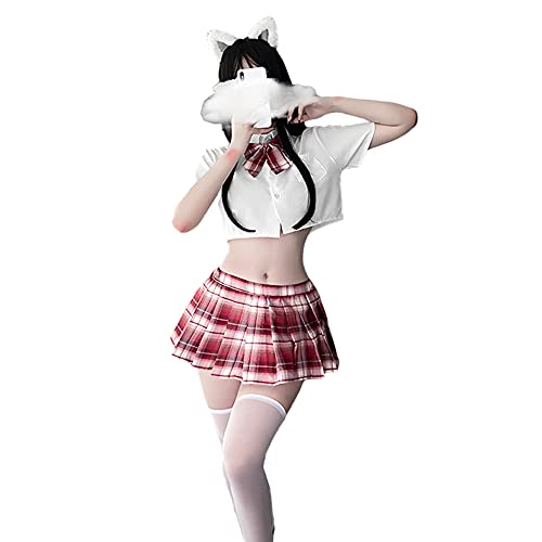 SINGUYUN Japanese School Girls Uniform lattice Pleated Skirt Anime Cosplay Lingerie JK Costume Sexy With Socks (6914White Red)