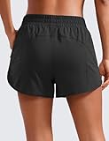 CRZ YOGA Women's High Waisted Running Shorts Mesh Liner - 3'' Dolphin Quick Dry Athletic Gym Track Workout Shorts Zip Pocket Black Small