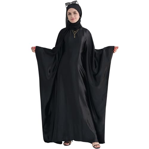 khalat Abaya Muslim Dress Women Satin Prayer Dress Batwing Long Sleeve Middle East Arabian Robe with Hijab Black