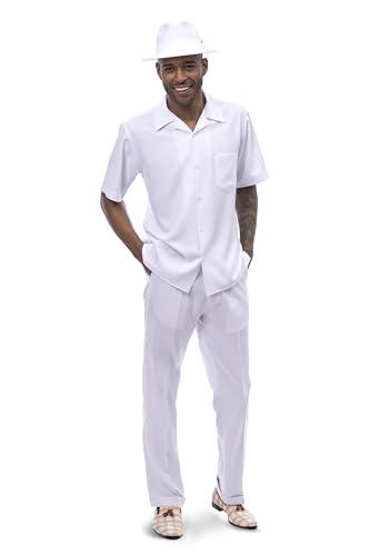 MONTIQUE Walking Suits for Men | 2-Piece Set Short Sleeve Shirt & Long Pants Men's Fashion | 696 - White, 36 Waist/L Shirt