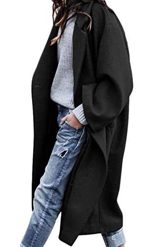 CHARTOU Women's Oversized Notched Collar Wool Blend Single Breast Midi Long Trench Coat (Medium, Black)