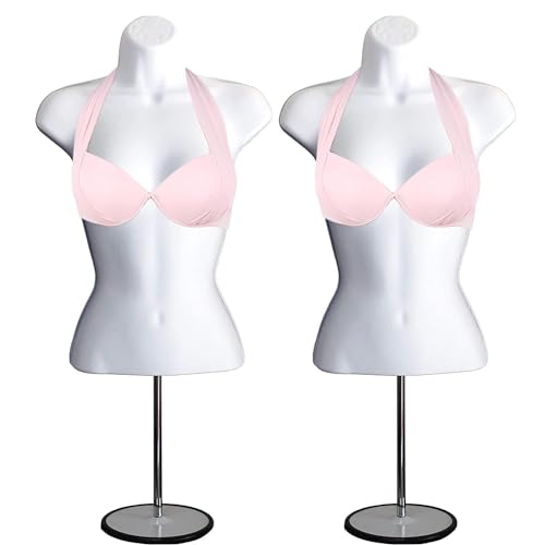 DisplayTown White Female Mannequin Torso with Metal Stand Hollow Back Body Stackable Dress Form for Tshirt Display, Countertop, Craft Shows, Photos and Design, S-M Clothing Size