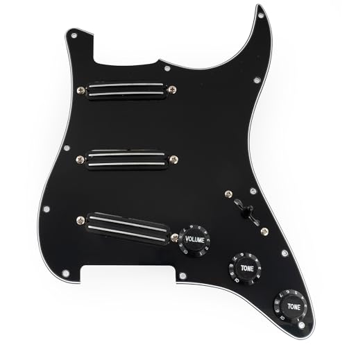 Musiclily Pro-SE ST-DPHA Pre-wired SSS Pickguard with Alnico 5 Mini Rail Humbucker for Strat Style Electric Guitar, 3Ply Black