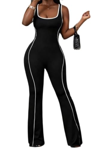 Unybwonn Womens Flare Leg Jumpsuits Tummy Control Backless Unitard One Piece Workout Outfit Sleeveless Yoga Bodysuit