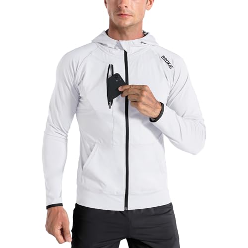 BROKIG Mens WindBreak Lightweight Running Jackets with Zip Pocket,Workout Track Hoodie Athletic Gym Sweatshirts Men(White, Medium)