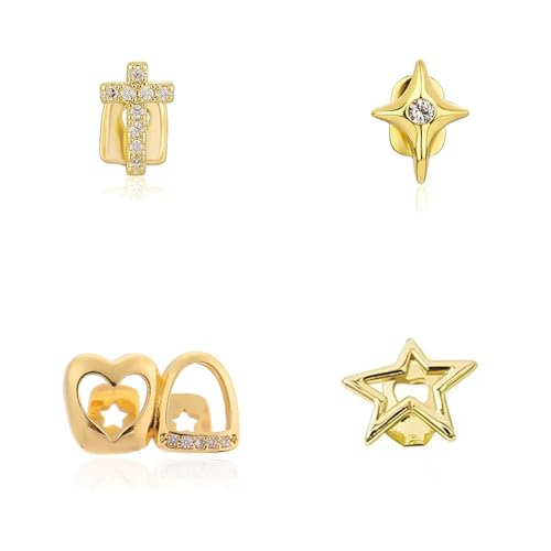4PC Grillz for Women Gold Plated Silver Grills for Your Teeth Punk Rhinestones Cross Grillz Hollow Out Heart Star tooth cap Hip-Hop Jewelry Gift for Women Men (Gold)