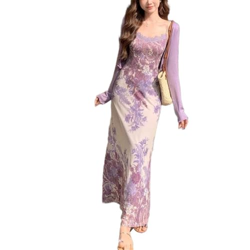 Women's Dress Set Korean Style Floral Long Knitted Dress 2-Piece Set-Purple-Medium