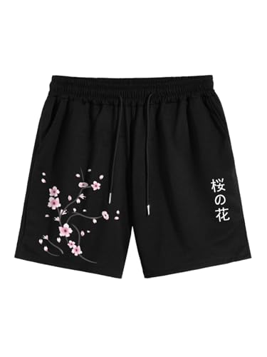 VIPWOLF Men's Floral Graphic Track Shorts Aesthetic Drawstring Designer Gym Sweat Shorts Black Floral Small