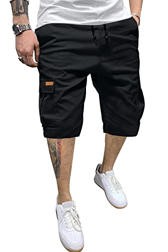 JMIERR Mens Casual Twill Cargo Shorts Cotton Drawstring Classic Cargo Chino Stretch Short with 6 Pockets for Men, US38(XL), A Black