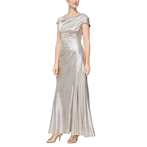 Alex Evenings Women's Long Cowl Neckline Mother of The Bride Dress, Formal Event Gown (Petite and Regular Sizes), Champagne Metallic, 12