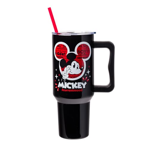 Silver Buffalo Disney Classic Mickey Mouse Hashtag Current Mood “#currentmood” Stainless Steel Tumbler with Handle and Straw, Fits in Standard Cup Holder, 40 Ounces