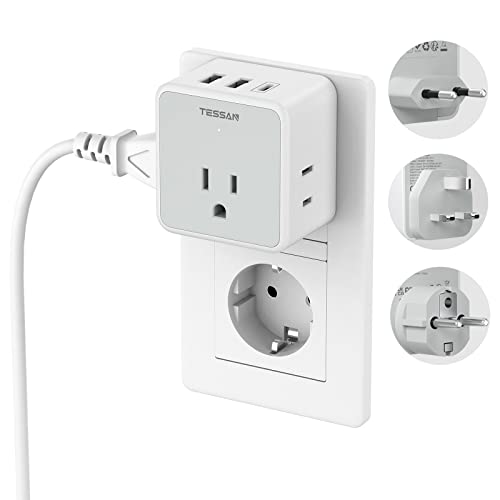 TESSAN All European UK Travel Plug Adapter Kit, International Detachable Converter with 3 Outlet 3 USB Charger (1 USB C), Type C/G/E/F EU Ireland Power Adaptor, US to Europe Italy Spain France Greece