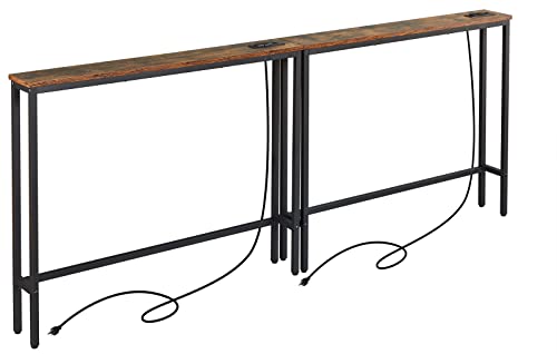 ELYKEN 2 Pack 5.9" Narrow Console Sofa Table with Power Outlets, 5.9" D x 39.4" W x 31.1" H Long Couch Table with Metal Frame and Charge Station with 6.5’ Extension Cord, Rustic Brown