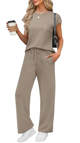 WIHOLL Womens Loungewear Set 2 Piece Travel Airport Outfits on Plane Summer Business Casual Lounge Set Ladies Cruise Short Sleeve Clothes Wide Leg Pants Matching Sets Womens Clothing Coffee M