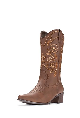 IUV Cowboy Boots For Women Pointy Toe Women's Western Boots Cowgirl Boots Mid Calf Boots