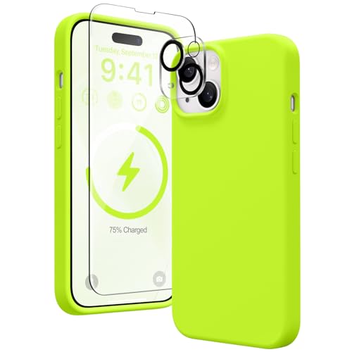 GONEZ Magnetic Silicone for iPhone 15 Plus Case, [Compatible with MagSafe][1X Camera Protector + Screen Protector], Microfiber Lining Shockproof Protective Phone Cover 6.7", Fluorescence Green