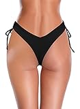 SHEKINI Women's Thong Bikini Bottom High Cut V Cheeky Brazilian Swimsuit Bottom (Black,Medium)