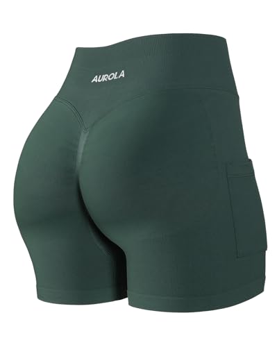 AUROLA Side Pocket Influence Shorts 4.5'' Squat Proof Seamless Workout Shorts for Women, Gym Running Yoga Shorts, Eden Green, M