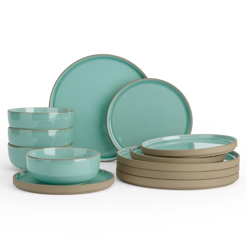 Famiware Nature Plates and Bowls Sets, 12 Pieces Stoneware Dinnerware Sets, Dishes Set for 4, Dishware Sets, Microwave and Dishwasher Safe, Verdure