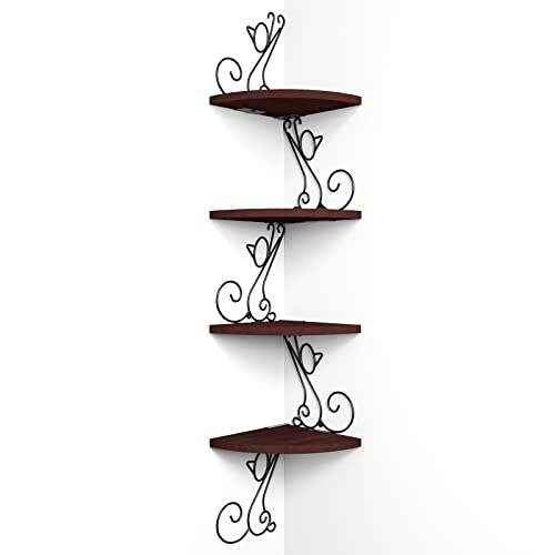 Alsonerbay Corner Shelf Wall Mount, 4 Tier Floating Shelves for Wall, Easy-to-Assemble Wall Shelves Rustic Wood Decor for Bedroom Living Room Bathroom Kitchen Office, Walnut Finish