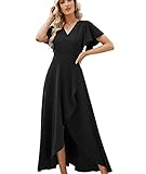 Long Black Formal Dresses for Women Gowns Evening Party Cocktail Dress,Split Elegant V Neck Wrap Ruffle Wedding Guest Dresses Black-L