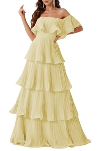 RGKEIO Off The Shoulder Layered Prom Dress 2025 Long Chiffon Pleats Tiered Corset Formal Ball Gown Yellow