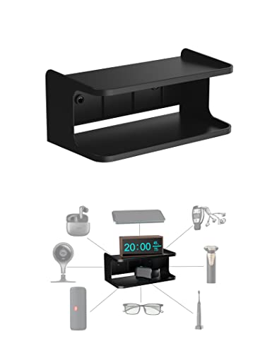 NOTMBESTM Bedside Wall Shelf Organizer Small Bedside Shelf Wall Mount for Bed Universal Stick on Wall Shelf Double Tray Holder for Storing Cellphone, Glasses, Keys, Camera, Alarm Clock (Black)