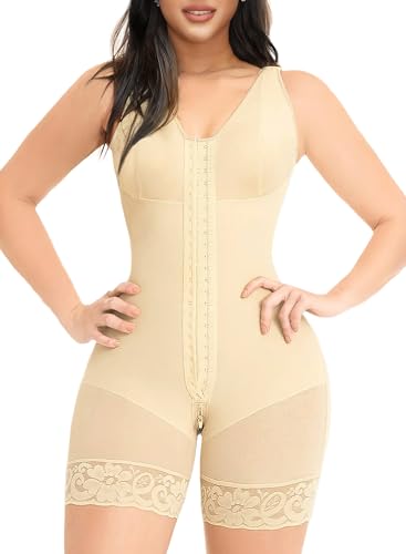 YIANNA Fajas Colombianas Shapewear for Women Tummy Control Post Surgery Full Body Shaper Butt Lifter with Zipper Crotch,YA7275-Beige-S