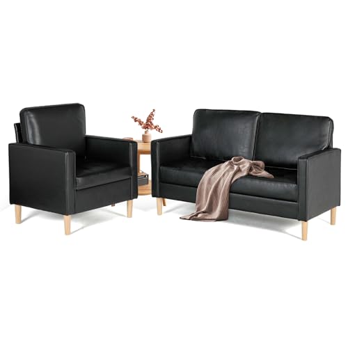AILEEKISS Mid-Century Sectional Sofa Set for Living Room Faux Leather Office 2 Pcs Couch Set with Armrest Modern Upholstered Loveseat Couches (1-Seater+2-Seater, Black)