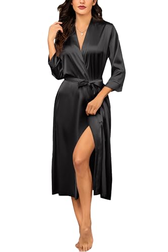 HOTOUCH Womens Silk Robe Black Long Satin Kimono Bridesmaids Bride Bath Robe Sexy Silky Lounge Robe A-Black Medium