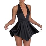 LuFeng Women's Sexy Sleeveless Halter Deep V Neck Backless Tie Back Waist Flowy Drape Satin Cocktail Mini Dress Black