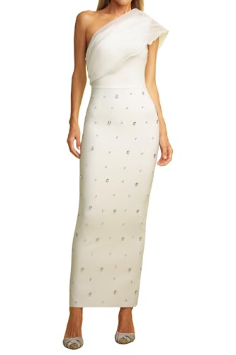 BELLA BARNETT Exquisite White Mesh One Shoulder Diamond Bodycon Bandage Dress Maxi Refined Rhinestone Party Cocktail Evening Mesh Dress
