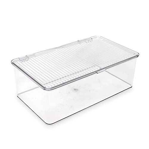 Isaac Jacobs Medium Stackable Organizer Bin (10.75”x6.5”x3.7”) w/ Hinged Lid, Clear Storage Box, Home, Office, School, Fridge, Bathroom, Kitchen, Pantry Container, BPA-Free, Food Safe (Medium, Clear)