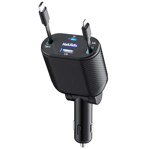 Retractable Car Charger 4 in 1 Fast Charging Adapter Magjieyx 62W Retractable Type-C/USB-i Cables and USB C/USB A QC & PD Devices for iPhone 16/15/14/13/12Pro Max Plus,iPad,AirPods, Galaxy,Google