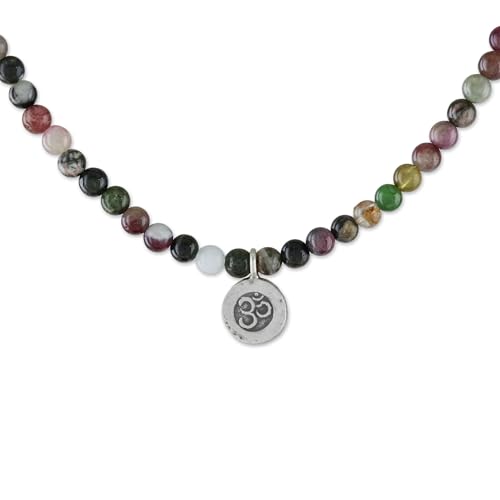 NOVICA Artisan Handmade Tourmaline Beaded Pendant Necklace Om from Thailand Fine Silver Buddhism Hinduism Birthstone Thought Meditation Spiritual [17 in L 4 mm W Pendant(s) 0.4 in Diam.] ' Beautiful