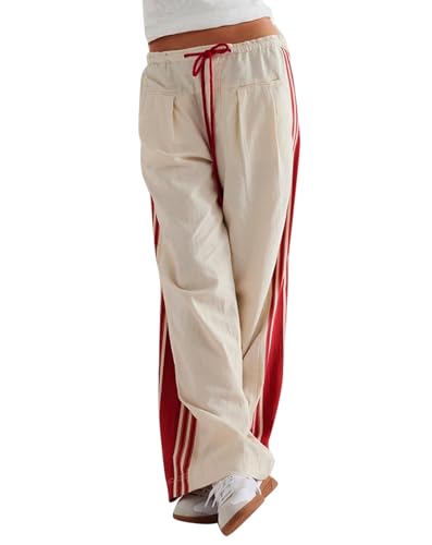 Side Striped Pants Women Drawstring Wide Leg Pants High Waisted Loose Slouchy Palazzo Sweatpants Beige White