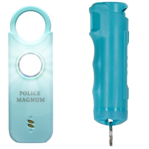 Police Magnum Personal Safety Alarm & Pepper Spray Combo Self Defense Pack for Women- Loud 135db Siren with Light & Max Strength Flip Top Pepper Spray Protection (Teal)