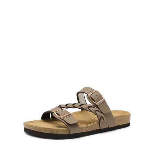 DREAM PAIRS Women's Slides Soft Cork Footbed Sandals Comfortable Walking Slip-on Flat Sandals Arch Support Adjustable Buckle Braided Straps Slippers,Size 11,Brown,DWUMSS2547