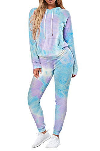 Fixmatti Women Tie Dye Set Long Sleeve Hoodie and Joggers Pant 2 Piece Sport Outfits L