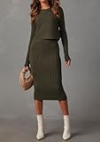 Ezbelle Women's 2025 Fall 2 Piece Sweater Dresses Rib Knit Long Sleeve Crop Top Sexy Bodycon Dress Casual Outfits Sets Army Green Small