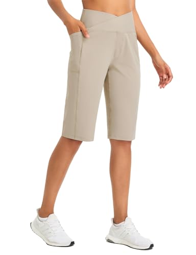 baleaf Women's Bermuda Long Shorts 14" Knee Length Capri Pants High Waisted Athletic Shorts with Pockets Summer Casual Khaki L