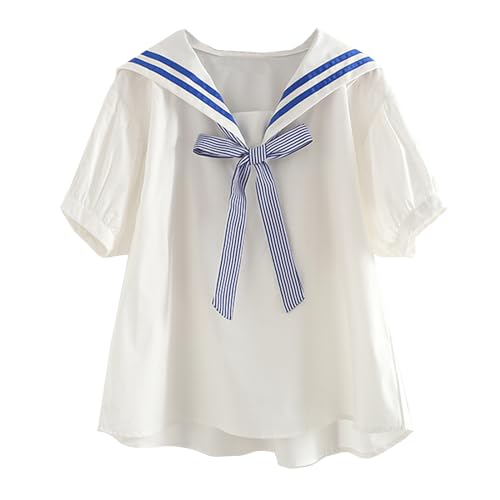 KUFEIUP Women's JK Uniform Shirt Sailor Collar Necktie Loose Blouse Tops (US, Alpha, Medium, X-Large, Regular, Regular, White&Light Blue)